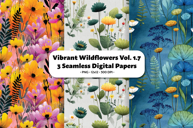 Vibrant Wildflowers Seamless Digital Paper Vol.1.7, 3 PNG