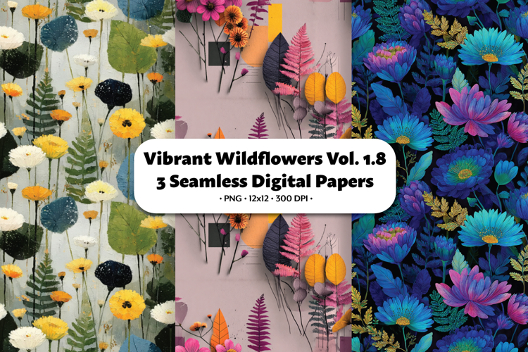 Vibrant Wildflowers Seamless Digital Paper Vol.1.8, 3 PNG