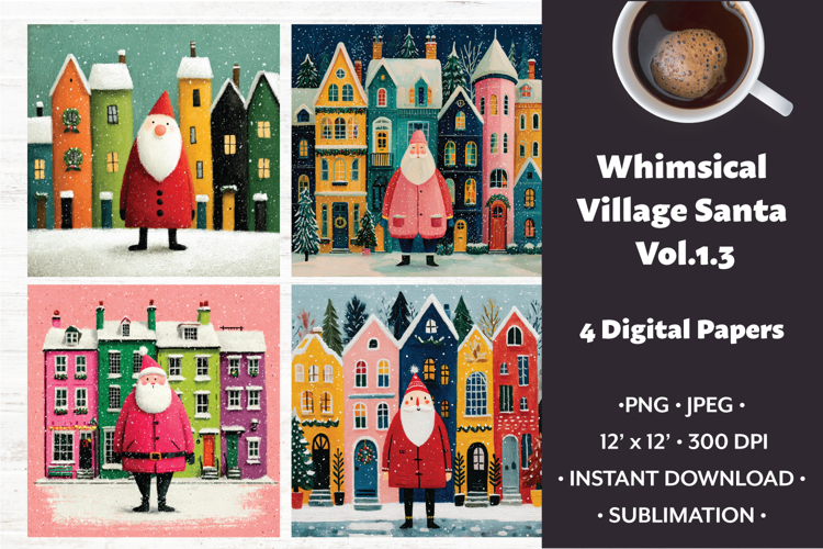 Whimsical Village Santa Digital Paper Vol.1.3, 4 PNG & JPEG
