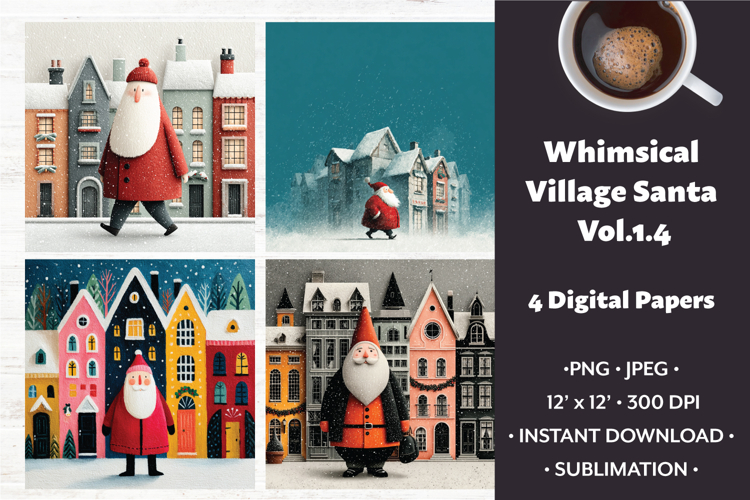 Whimsical Village Santa Digital Paper Vol.1.4, 4 PNG & JPEG