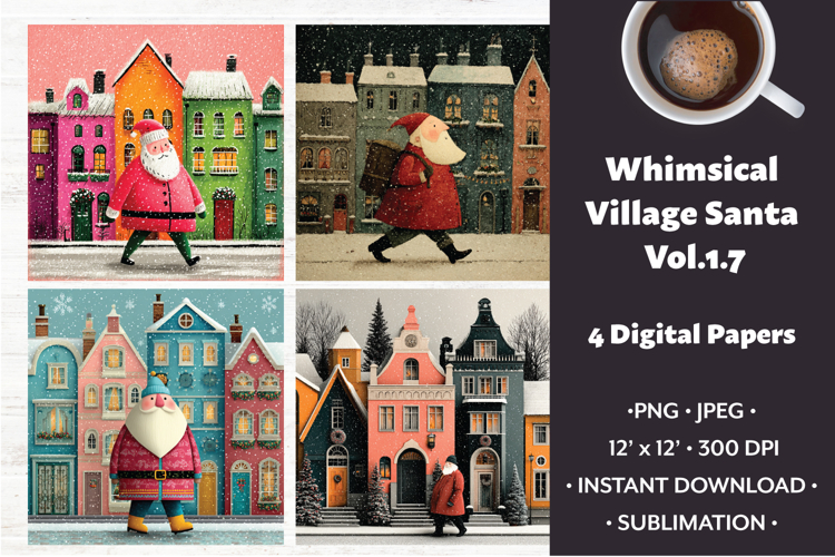 Whimsical Village Santa Digital Paper Vol.1.7, 4 PNG & JPEG
