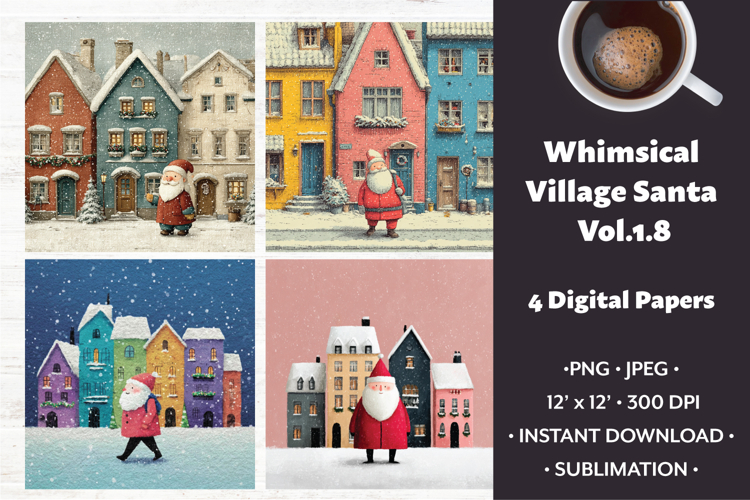 Whimsical Village Santa Digital Paper Vol.1.8, 4 PNG & JPEG