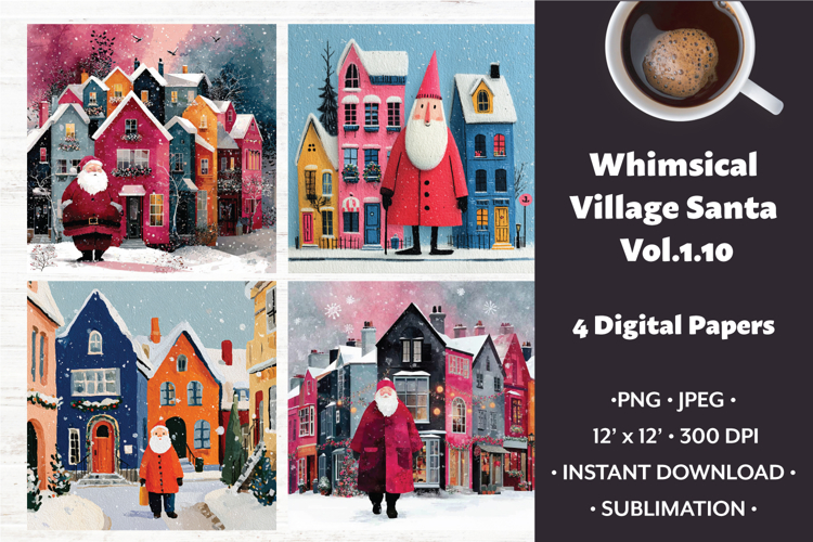 Whimsical Village Santa Digital Paper Vol.1.10, 4 PNG & JPEG