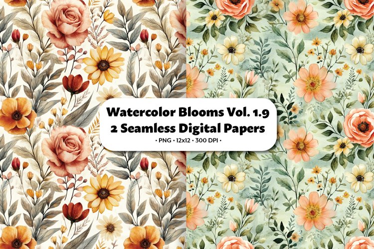 Watercolor Blooms Seamless Digital Paper Vol.1.9, 2 PNG