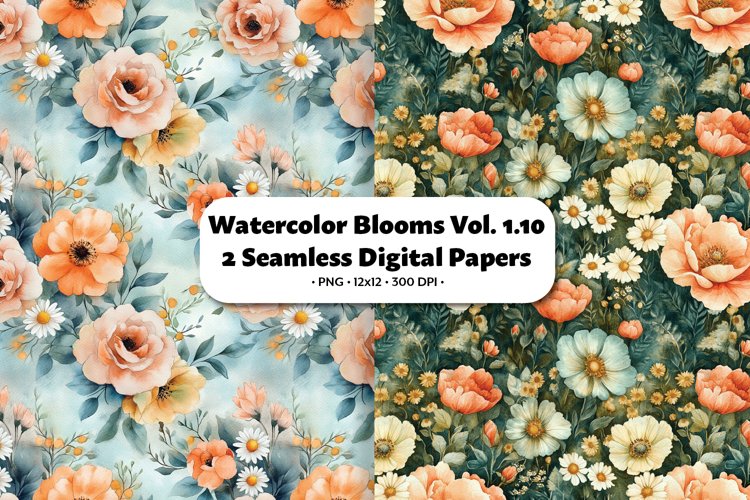 Watercolor Blooms Seamless Digital Paper Vol.1.10, 2 PNG