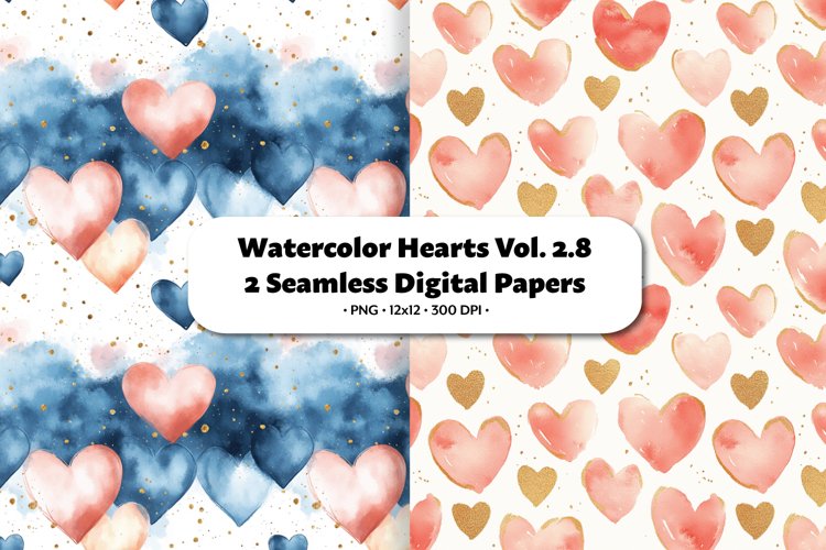 Watercolor Hearts Seamless Digital Paper Vol. 2.8, 2 PNG