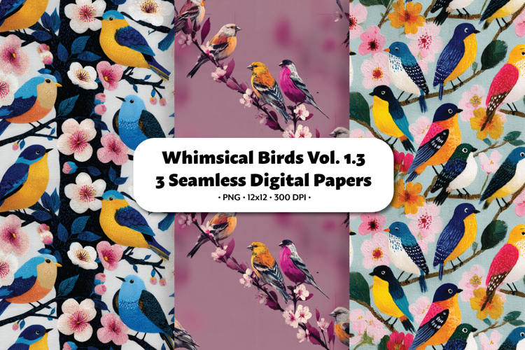 Whimsical Birds Seamless Digital Paper Vol.1.3, 3 PNG