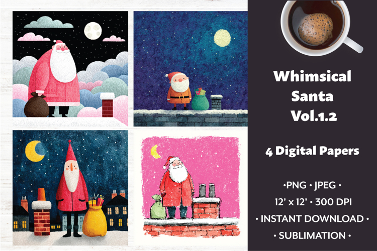 Whimsical Santa Digital Paper Vol. 1.2, 4 PNG & JPEG