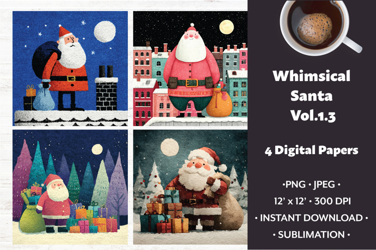 Whimsical Santa Digital Paper Vol. 1.3, 4 PNG & JPEG