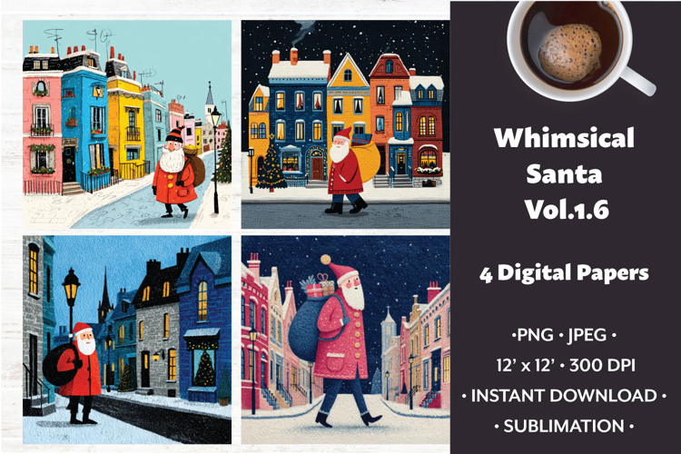 Whimsical Santa Digital Paper Vol. 1.6, 4 PNG & JPEG