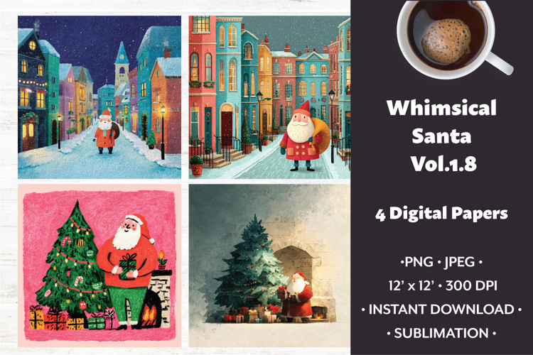 Whimsical Santa Digital Paper Vol. 1.8, 4 PNG & JPEG