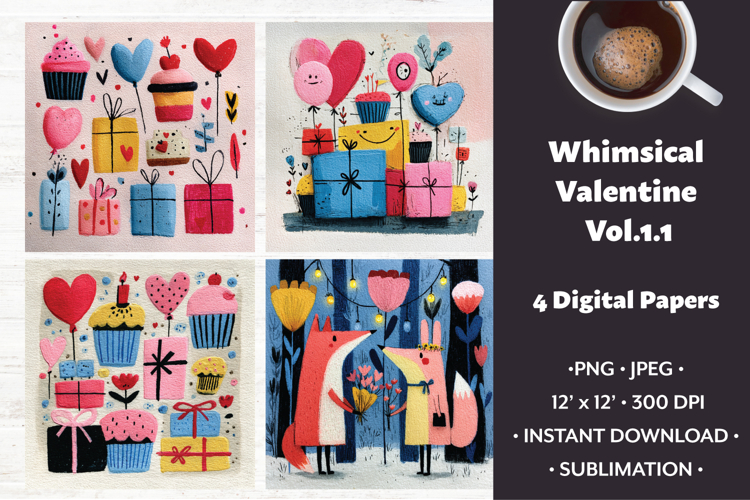 Whimsical Valentine Digital Paper Vol.1.1, 4 PNG & JPEG