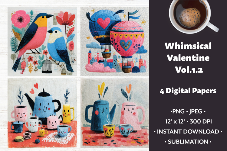 Whimsical Valentine Digital Paper Vol.1.2, 4 PNG & JPEG