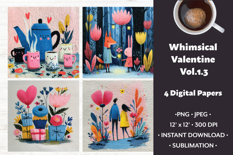 Whimsical Valentine Digital Paper Vol.1.3, 4 PNG & JPEG