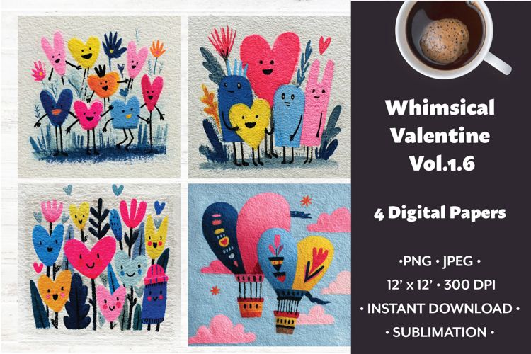Whimsical Valentine Digital Paper Vol.1.6, 4 PNG & JPEG