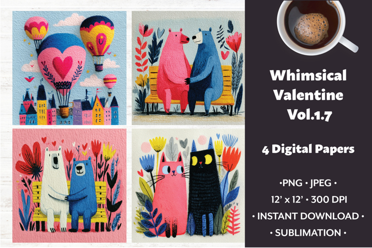 Whimsical Valentine Digital Paper Vol.1.7, 4 PNG & JPEG