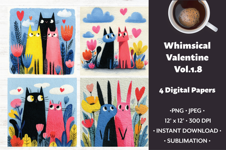 Whimsical Valentine Digital Paper Vol.1.8, 4 PNG & JPEG
