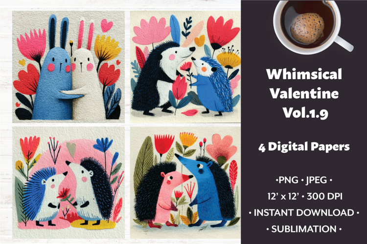 Whimsical Valentine Digital Paper Vol.1.9, 4 PNG & JPEG