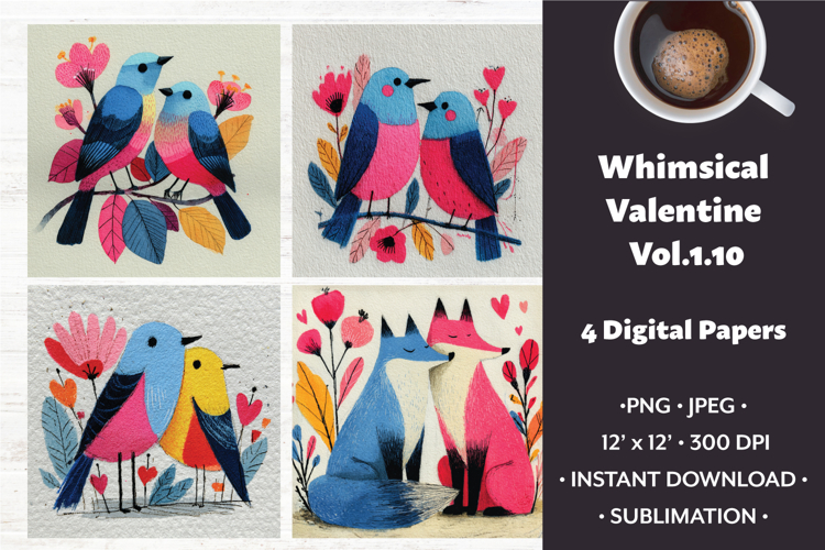 Whimsical Valentine Digital Paper Vol.1.10, 4 PNG & JPEG