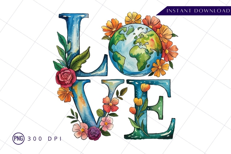 Floral Love Earth Watercolor Illustration Sublimation Png