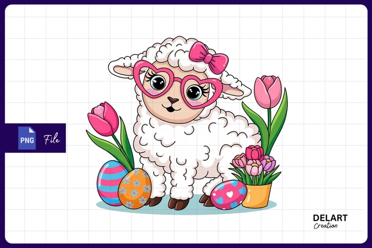 Cute easter lamb with eggs and tulips Sublimation PNG