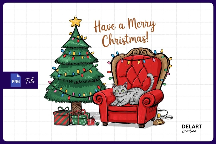 Christmas cat relaxing by decorated tree sublimation png