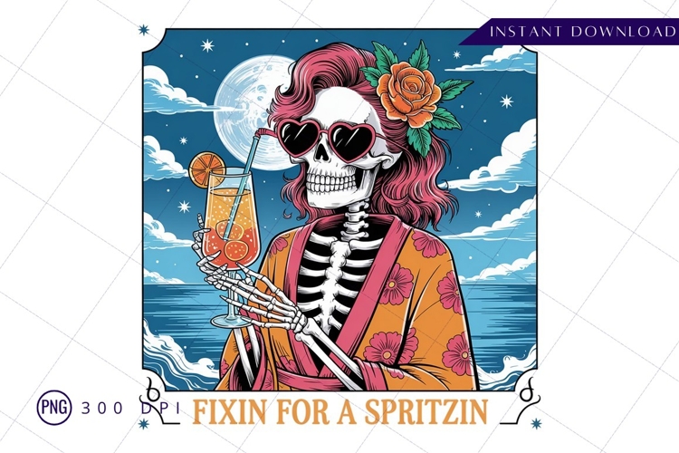 Skeleton woman drinking cocktail on the beach PNG