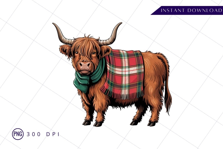 Highland cow with scarf and plaid blanket sublimation png