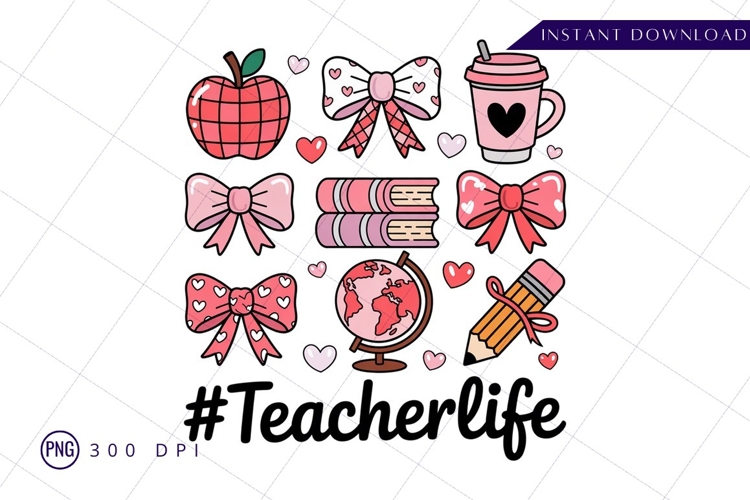 Teacher life cute pink school illustration sublimation png example image 1