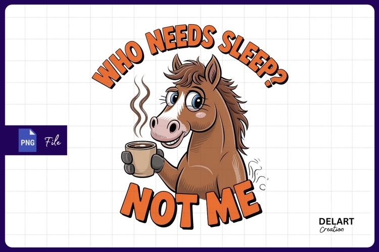 Awake cartoon horse drinking coffee sublimation png