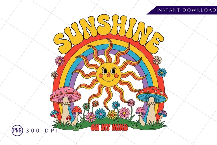 Retro sunshine rainbow mushroom garden sublimation png