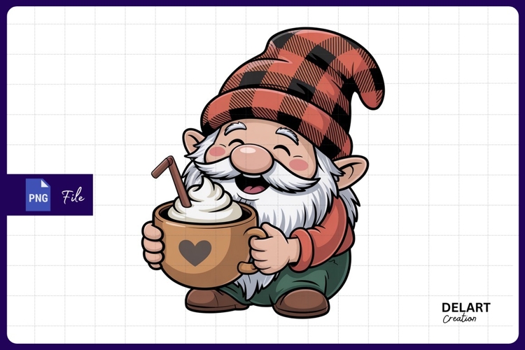 Cartoon gnome holding hot drink with whip sublimation png example image 1