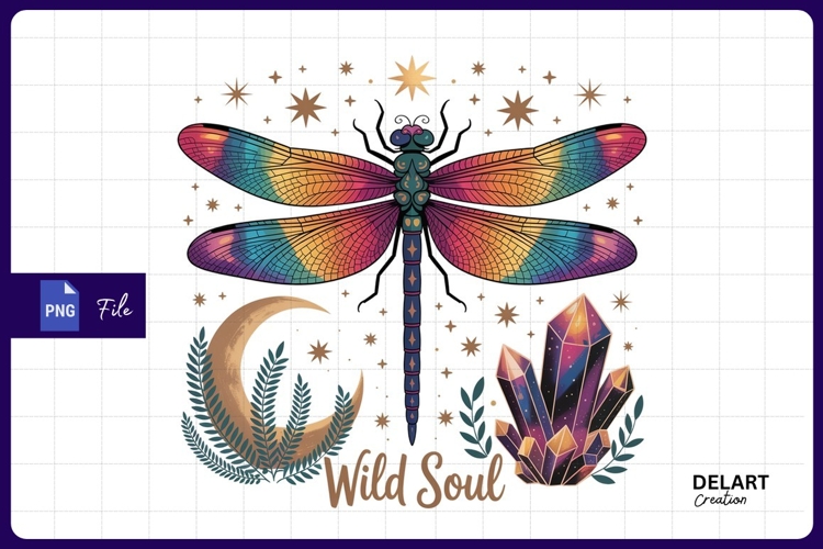 Colorful dragonfly with moon Sublimation PNG Design