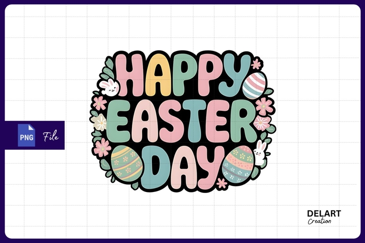 Happy Easter Day With Bunny And Flowers Sublimation PNG
