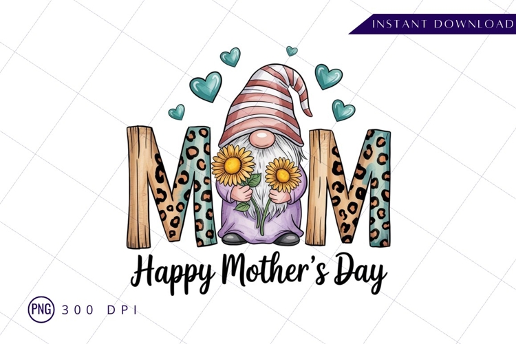 Happy Mothers Day Gnome With Sunflowers Design PNG