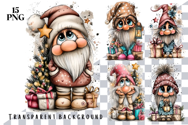 15 PNG Whimsical Cute Christmas Watercolor Gnomes Bundle