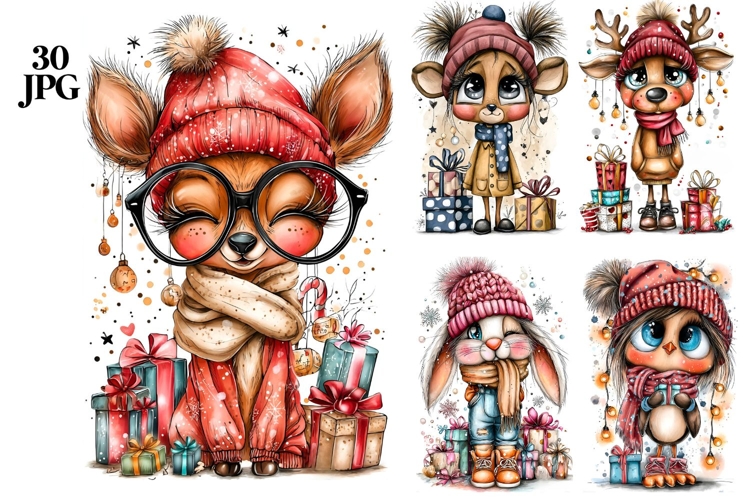 30 JPG Whimsical Cute Christmas Watercolor Animals Bundle