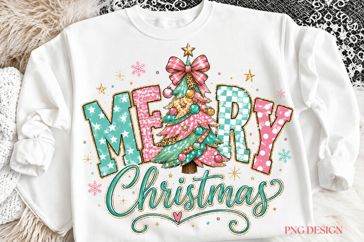 Merry Christmas PNG, Pink Green Christmas Sublimation example image 1