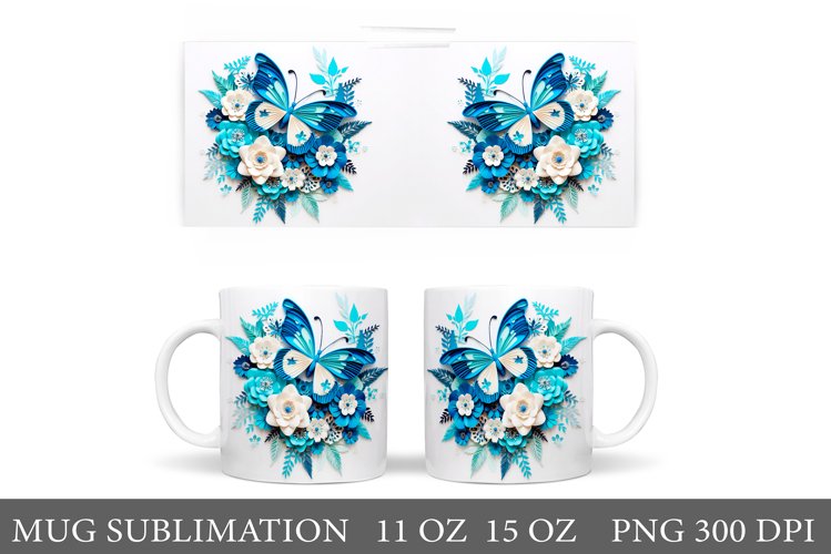 3D Butterflies Mug Sublimation. Paper Butterflies Mug Design