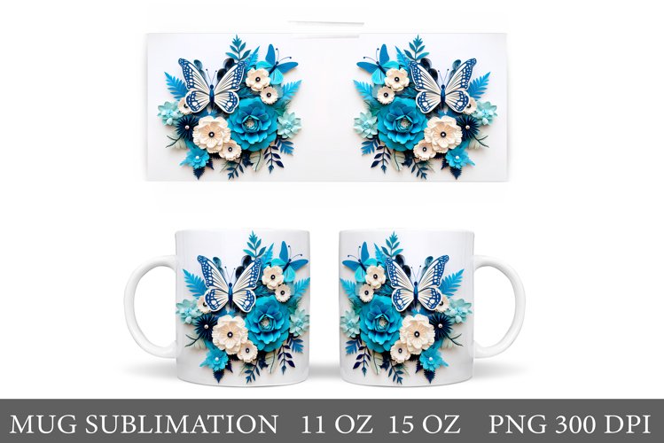 3D Butterflies Mug Sublimation. 3D Flowers Mug Design