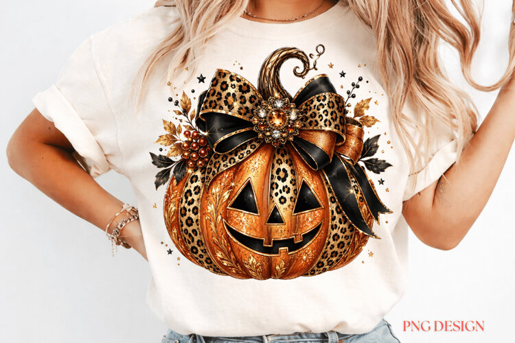 Rhinestone Pumpkin PNG Leopard Bow example image 1