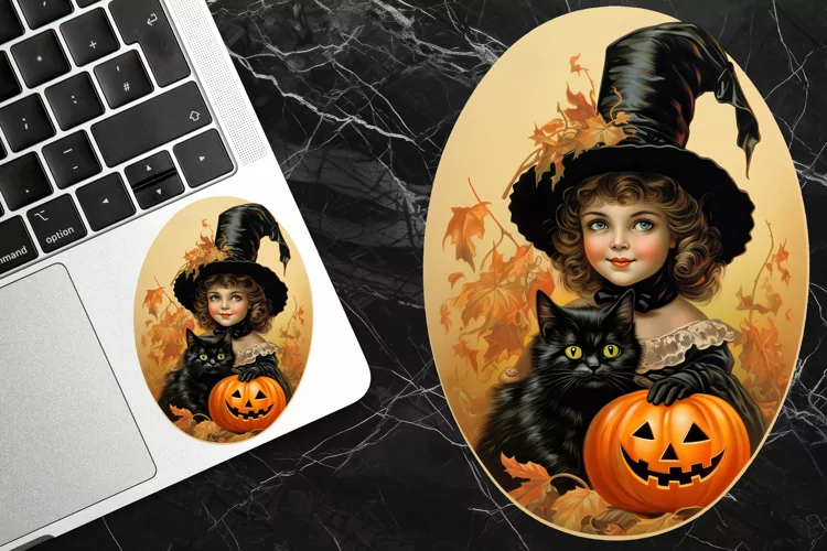 PNG Halloween clip art pumpkin black cat. Vintage sticker