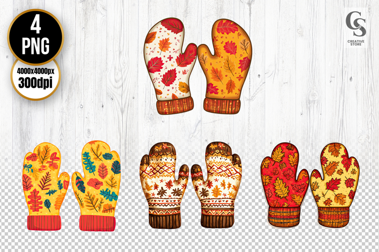 Autumn Mittens Clipart with Fall Leaves Pattern
