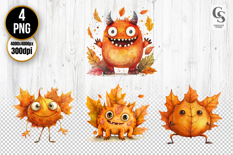 Cute Autumn Monster and Leaf Character Clipart PNG