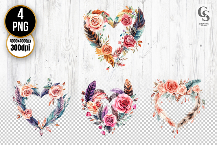 Watercolor Floral Feather Heart Wreath Clipart