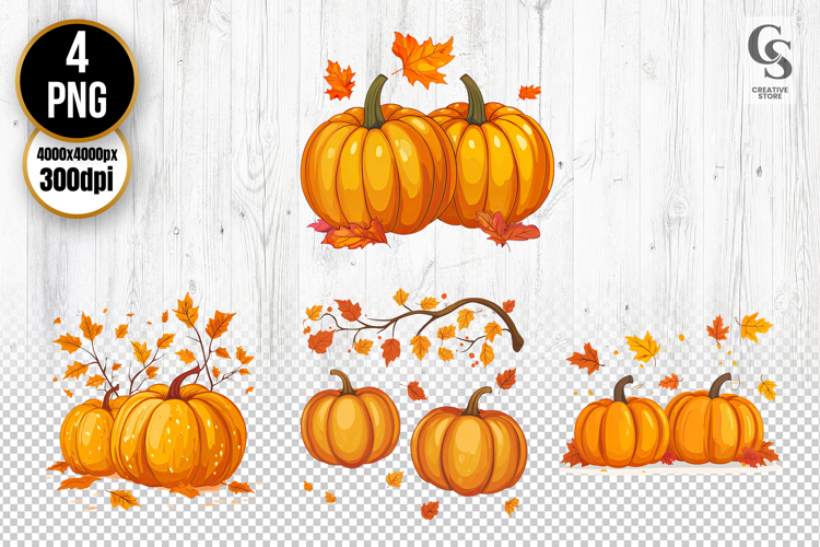 Autumn Pumpkin with Leaves Clipart PNG
