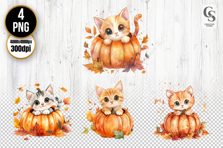 Cute Autumn Kitten in Pumpkin Clipart PNG