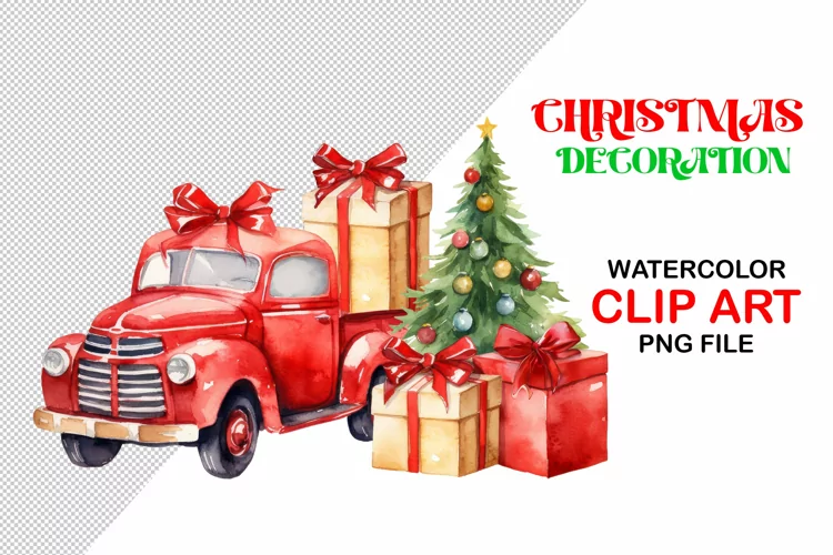 PNG Retro car with gift boxes Christmas watercolor clip art