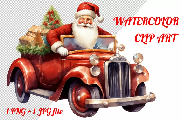 PNG watercolor Santa Claus Christmas tree gifts clip art