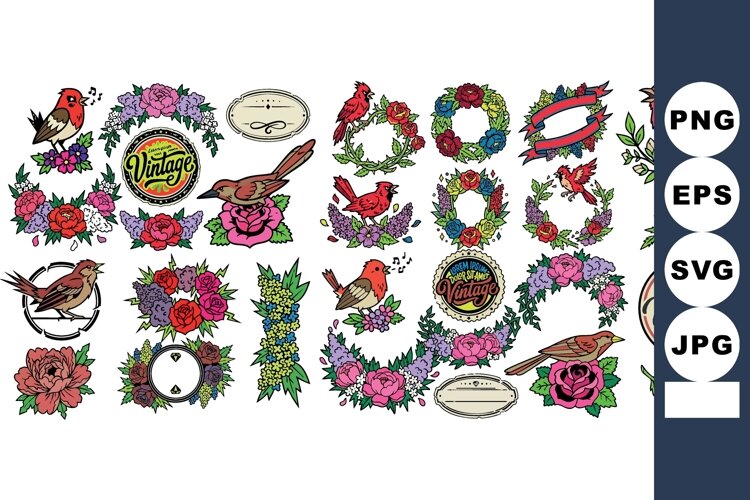 Vintage Bird Floral Elements Wreaths Frames Collection example image 1